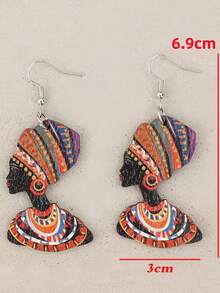 1 Pair Painted Portrait Wooden Earrings, Exotic Ear Jewelry - Multicolor - View 3