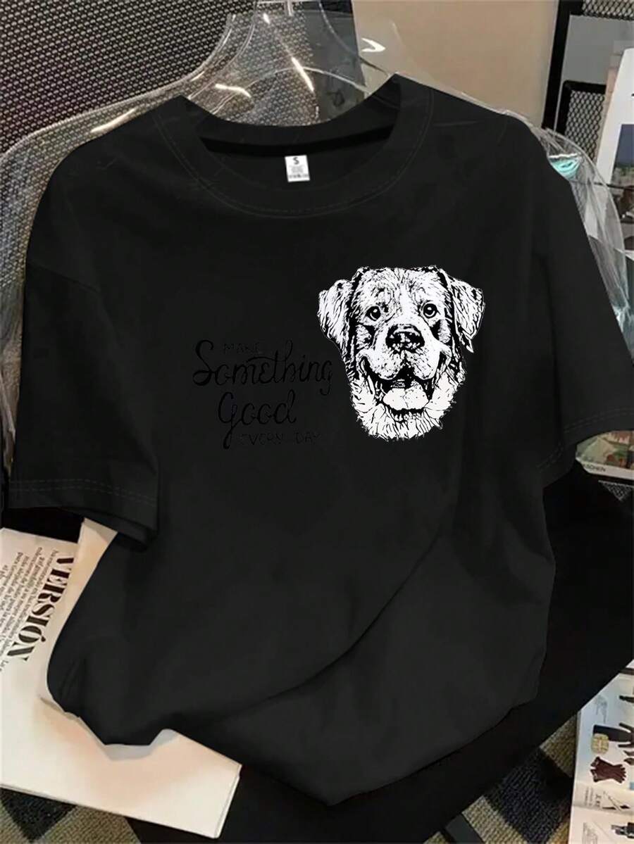 Camisetas de algodón estampadas de moda para mujer, letras en inglés, Navidad, Halloween, lindos patrones de dibujos animados, patrones de flores y otros estampados, telas cómodas, - Negro - Ver 1