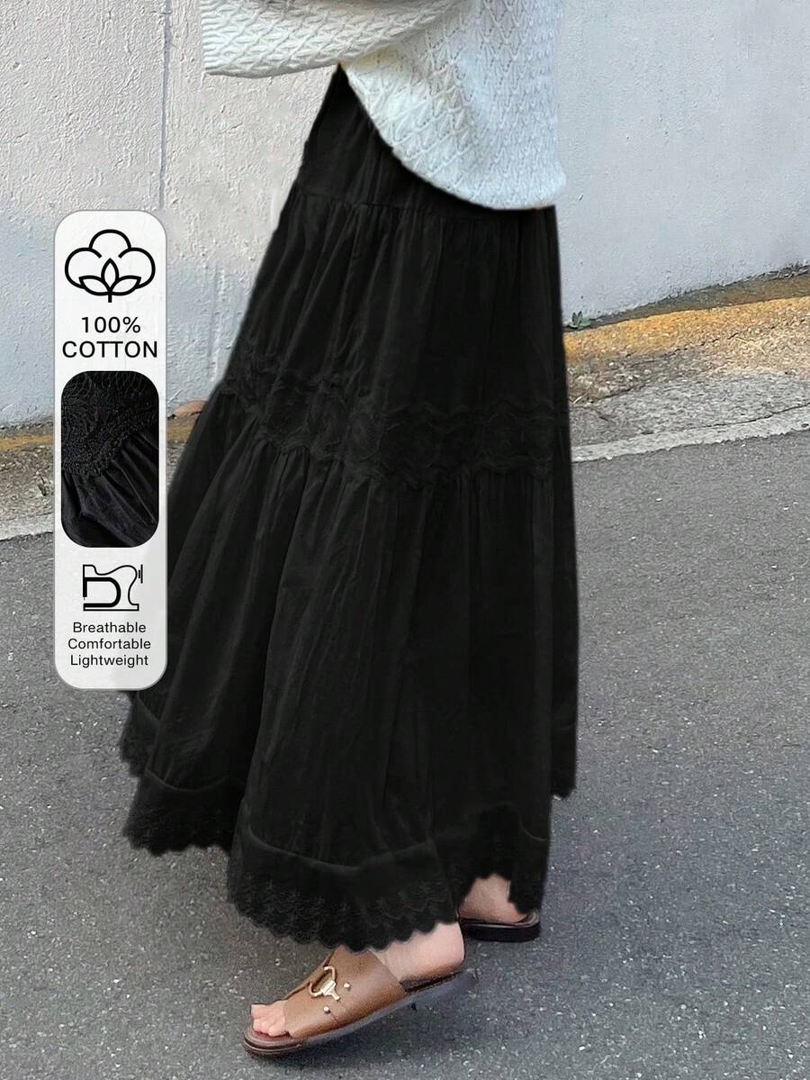 Flared Skirt With Contrasting Lace For Women - Black - View 1