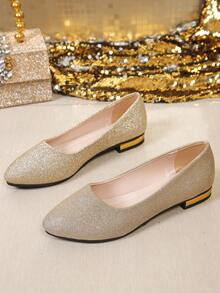 Zapatos elegantes de mujer con punta fina y tacón bajo, nuevo estilo de primavera, empeine bajo, zapatos de mamá, tallas grandes, zapatos para exteriores, zapatos de bailarina con punta fina - Dorado - Ver 8