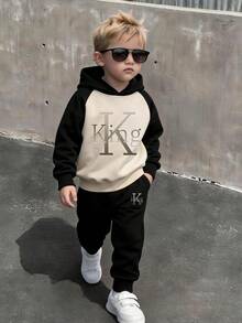 2pcs/Set Boys Printed Loose Colorblock Long Sleeve Hoodie + Sweatpants Set, Suitable For Daily Wear, School, Music Festivals, Vacation, Commuting. - Multicolor - View 1