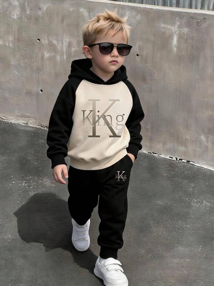 2pcs/Set Boys Printed Loose Colorblock Long Sleeve Hoodie + Sweatpants Set, Suitable For Daily Wear, School, Music Festivals, Vacation, Commuting. - Multicolor - View 1