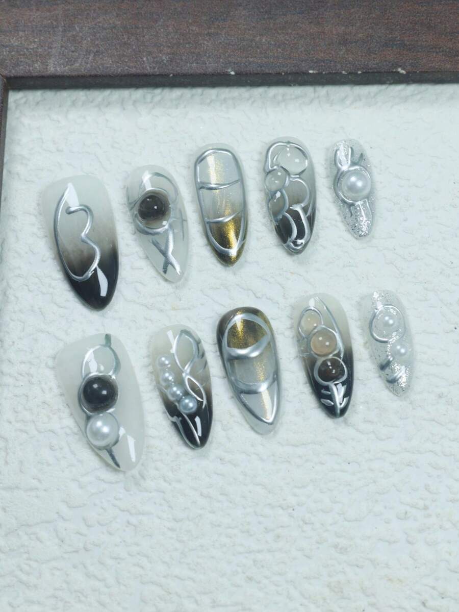 CrystalHola 手工杏仁形美甲貼片 Y2K 夏季款 黑白配色 珍珠亮片線條法式指尖 純手工美甲 適合女性與女孩 10片 適用派對、婚禮與日常佩戴 適合女士美甲用品禮物 手工穿戴式美甲 - 彩色 - 查看 1