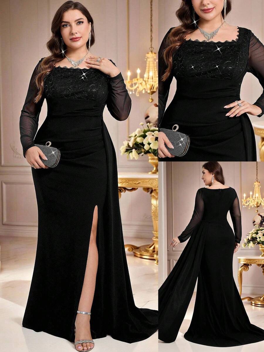 Coutiva Vestido de noche elegante de talla grande para mujer con encaje de contraste y abertura lateral (muy adornado) - Negro - Ver 1