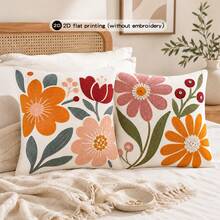 2pcs Boho Floral Print Throw Pillow Covers, Cottagecore Flower Cushion Cases, 2D Flat Printing, No Embroidery - Color - View 2