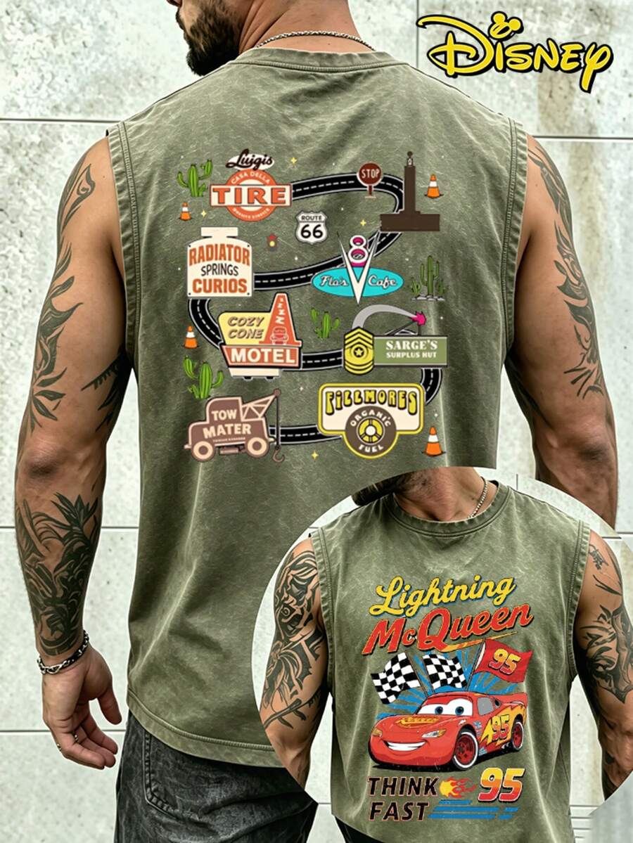 Tank Tops For Men Vintage Washed Cotton Disney Cars Lightning McQueen Radiator Springs Map Graphic Sleeveless Tee Casual Streetwear Crew Neck Muscle Tank For Summer Daily Wear - Green - View 1