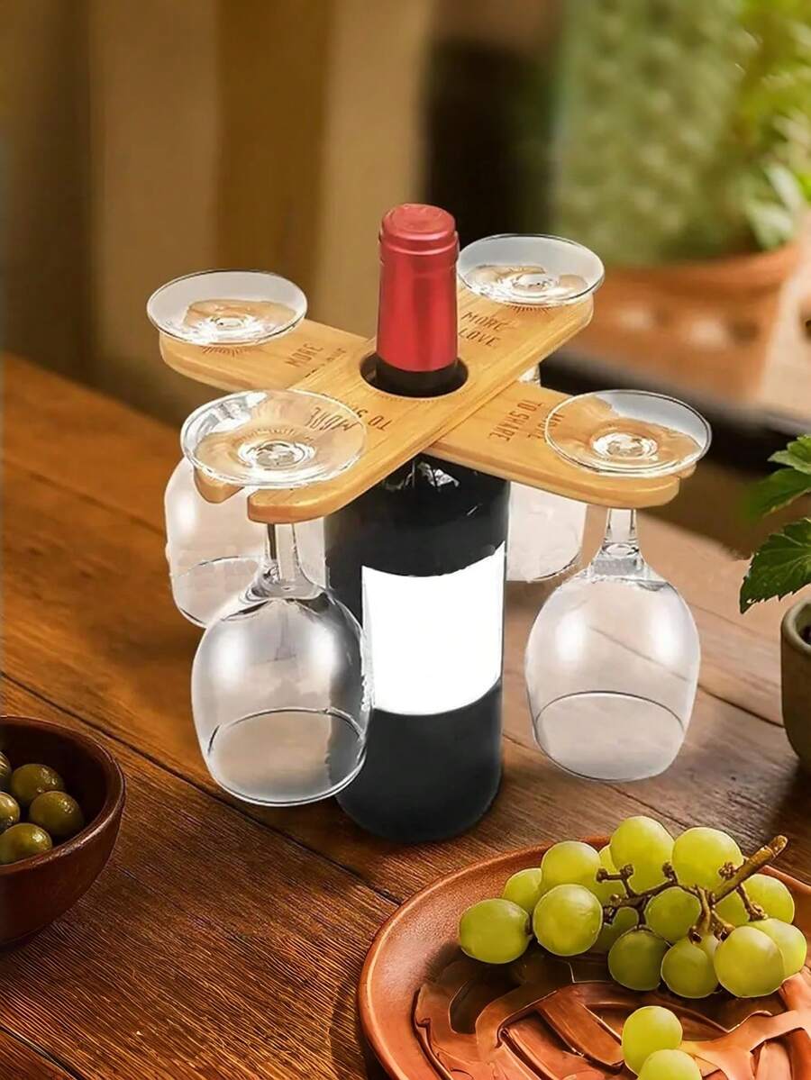 Rustic Handmade Solid Wood Desktop Wine Rack, 2-Bottle Wine & Wine Glass 2-In-1 Storage Organizer, Space-Saving Countertop Display Stand Decor, Suitable For Home Bar, Kitchen, Wedding, Dinner Party - Multicolor - View 1