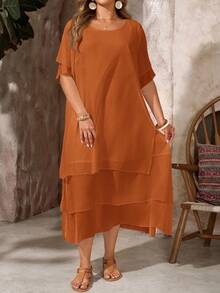 Vestido casual de talla, cuello redondo, sin botones, bajo asimétrico y fluido, estilo bohemio, adecuado para primavera y verano - Óxido marrón - Ver 1