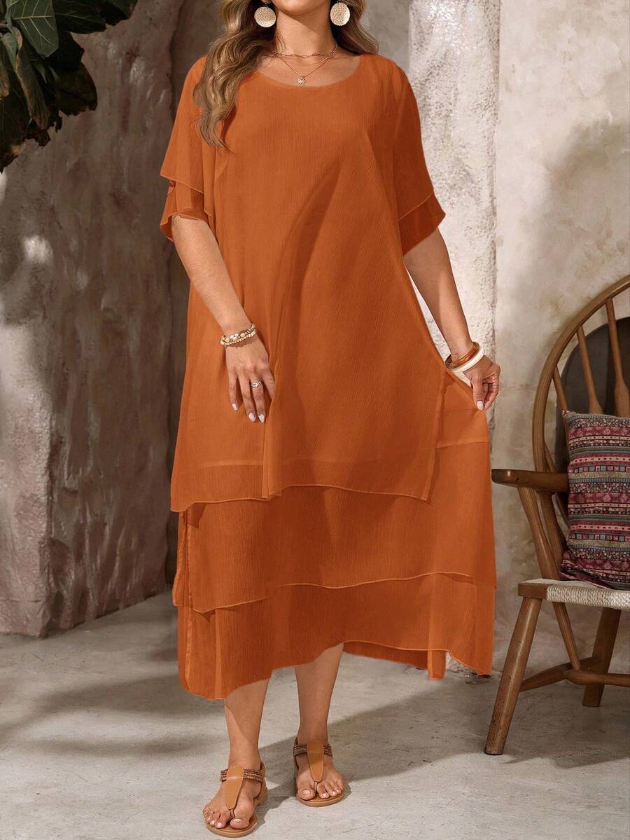 Vestido casual de talla, cuello redondo, sin botones, bajo asimétrico y fluido, estilo bohemio, adecuado para primavera y verano - Óxido marrón - Ver 1