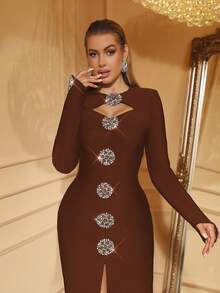 Love Aing Women's Spring/Autumn/Winter Shiny One-Piece Molded Round Neck Hollow Long Sleeve Sparkling Rhinestone Fashion Sexy Black Formal New Year Fall - Coffee Brown - View 3