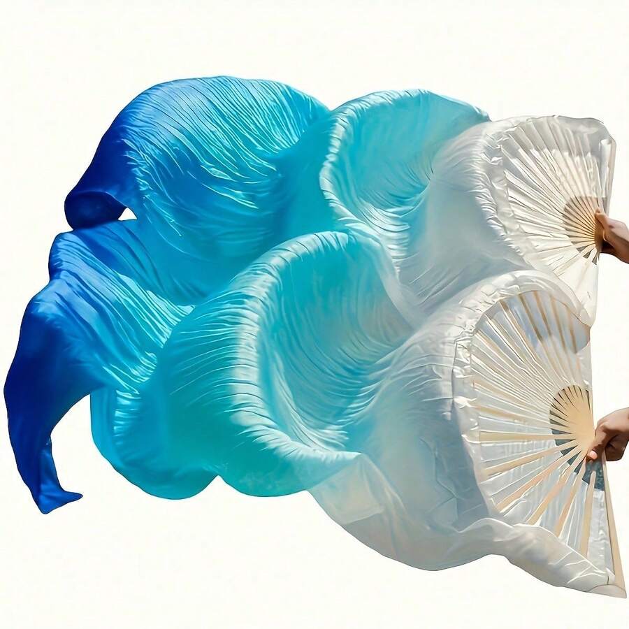 Blue & White Chiffon Fan - Double Layer Design, Minimalist Style | Suitable For Solo Dance, Weddings, New Year Performances, Holiday Decor, Elegant & Lightweight Fabric - Multicolor - View 1
