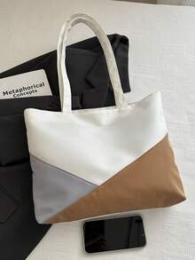 Classic Color Block Shoulder Bag, Minimalist Versatile Large Capacity Tote Bag, Commuter Canvas Handbag, Fashionable - White - View 5