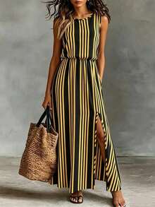 Vestido de mujer de cuello redondo sin mangas de unicolor, casual y de oficina, con cintura ceñida y bajo con abertura, vestido largo - Multicolor 8 - Ver 1