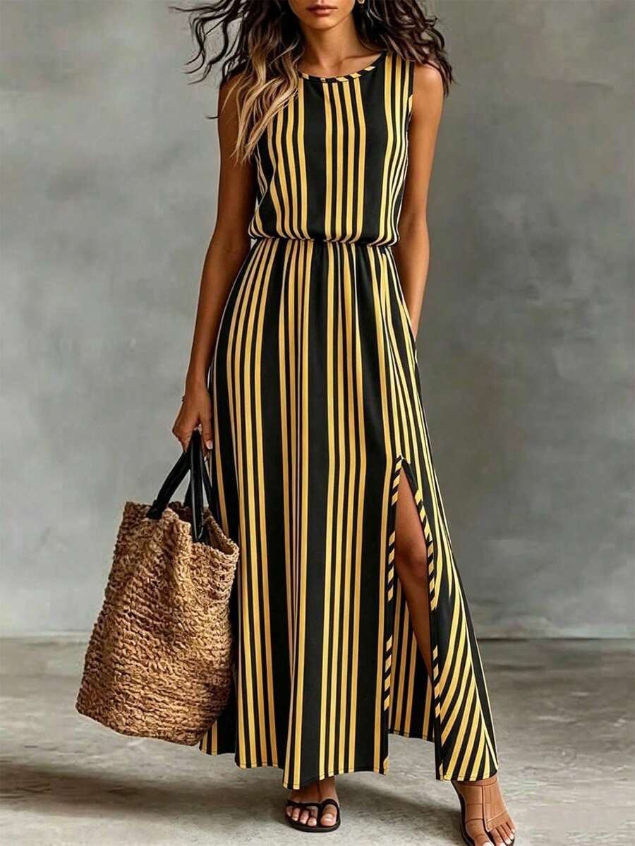 Vestido de mujer de cuello redondo sin mangas de unicolor, casual y de oficina, con cintura ceñida y bajo con abertura, vestido largo - Multicolor 8 - Ver 1
