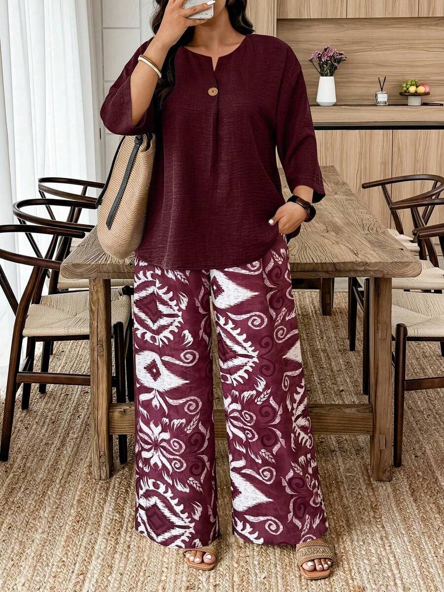 2pcs/Set Plus Size Women's Casual Solid Color Long Sleeve Shirt And Floral Printed Pants - Multicolor 4 - View 1