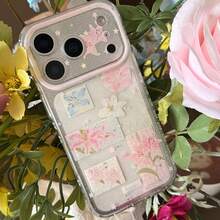 Funda de teléfono de moda creativa con purpurina, estrella y patchwork de lirio rosa compatible con Apple 17 Pro Max, 16 Pro Max, 15 Pro, 14, 13, funda de teléfono linda para niñas, cubierta protectora para niños y niñas, funda de teléfono de primavera/verano, regalo de cumpleaños, regalo de vacaciones - Rosa Pálido - Ver 9