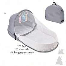 Portable Baby Travel Crib With Mosquito Net Foldable Newborn Recliner Cradle Gray Breathable Sunshade Baby Bed - Multicolor - View 9
