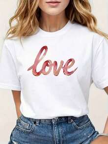 T-Shirt/Top, Women's Summer Sets, Women's T-Shirt, Valentine's Day, Romantic Artistic Print With Watercolor Font And "Love" Gradient, Black Long Sleeve T-Shirt - 白色 - 查看 1