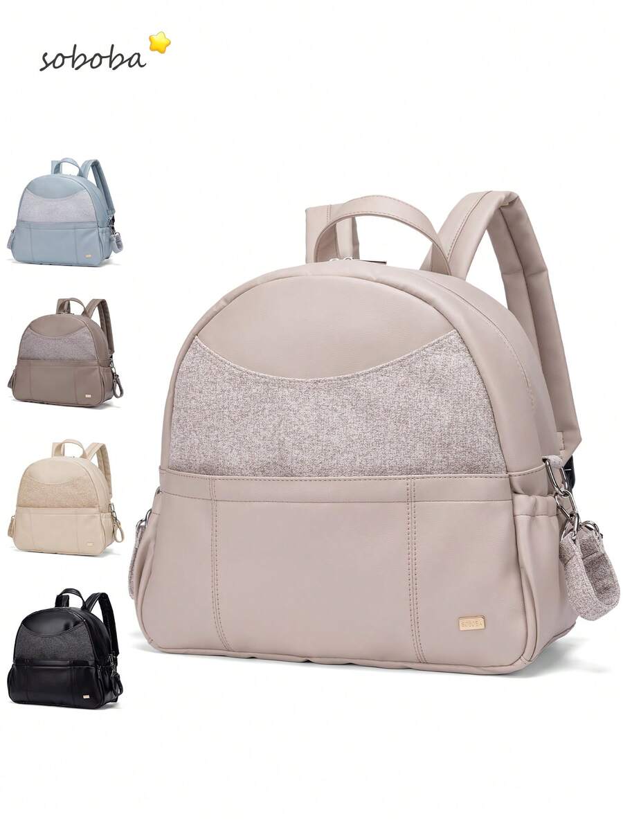 SOBOBA 1pc Fabric Patchwork PU Mommy Bag Large Capacity Multi-Pocket Diaper Backpack With Stroller Hook Suitable For Picnic And Outings - Multicolor - View 1