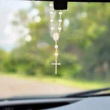 Pearl Cross Car Hanging Pendant, Imitation PearlRosary Rearview Mirror Dangle Charm, Religious ChristianDecor, Elegant Auto Interior Accessories For Women,Perfect Gift For Her, Car Charms & Ornaments - A - View 2