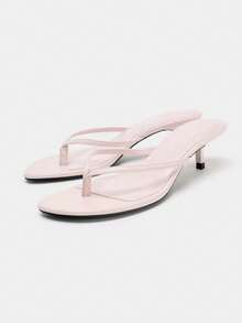 Sandal Wanita Gaya Prancis Musim Panas Baru Kulit dengan Tali Jari Kaki dan Hak Kitten, Sandal Jepit - Berwarna merah muda - View 6