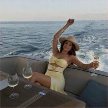 Vestido largo de vacaciones elegante con cintura ceñida, decoración de estrella de mar y abertura alta en color amarillo claro - Amarillo claro - Ver 4