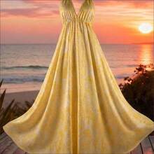 Women's Summer Vacation Style Printed Open Back Drawstring Dress - Amarillo - Ver 5