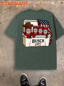 Casual Streetwear Style American Beer Lover Graphic Print Men's T-Shirt With Busch Light Apple Cans And Flag Design For Outdoor Events And Casual Wear Y2KCHAOS Vintage Style 250 Washed Cotton T-Shirt Men's T-Shirt - 綠色 - 查看 3
