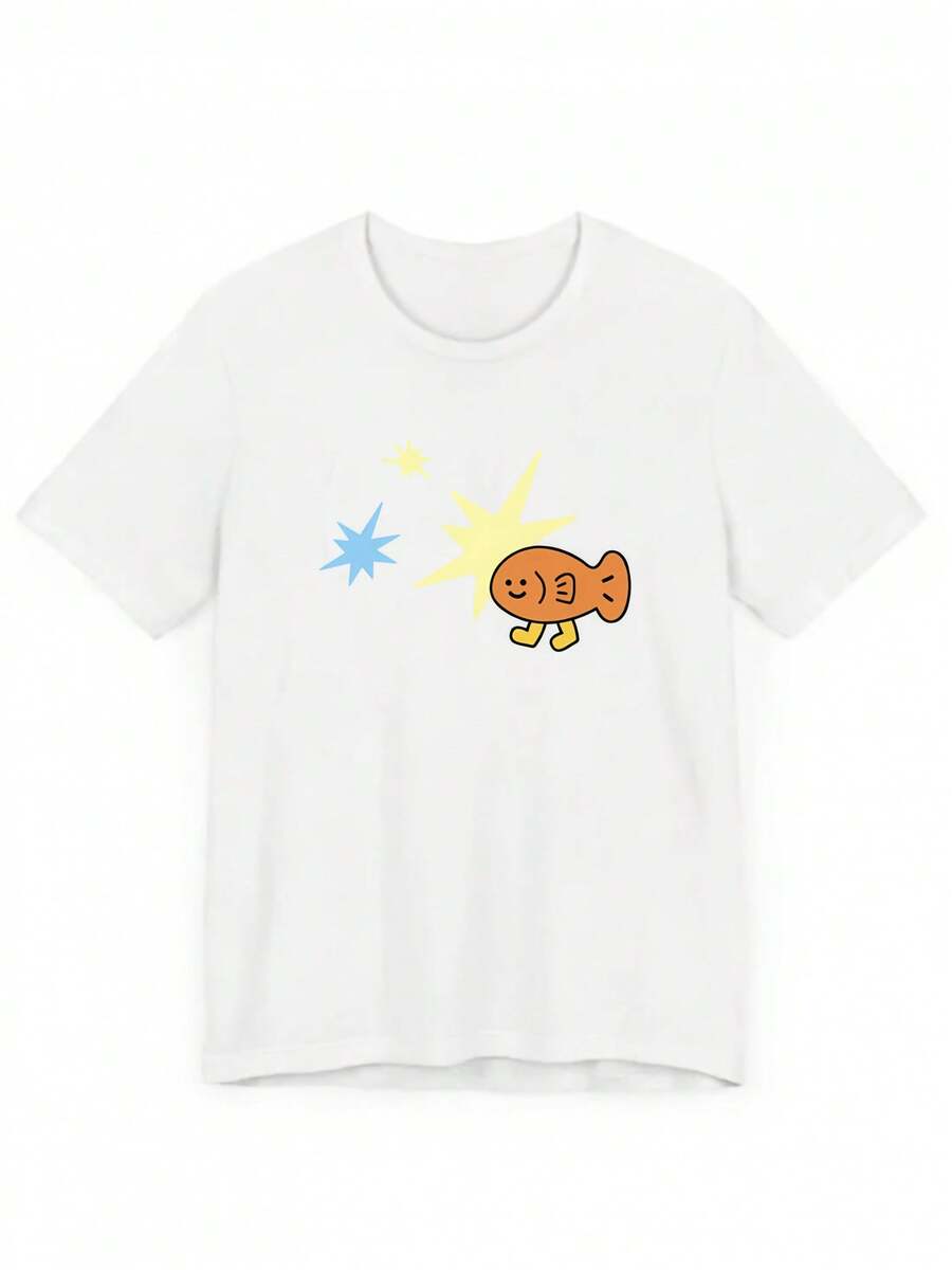 Cute Y2K Summer Top. 1 Pack. Cute Y2K Summer Top. 100% Cotton. New Spring/Summer 2026 Collection, Cartoon Bootleg Fish Print, Short Sleeve, Women's Casual Wear, Y2K Fashion, Outfits For Work And Leisure. Perfect For A Casual Look. - 白色 - 查看 1
