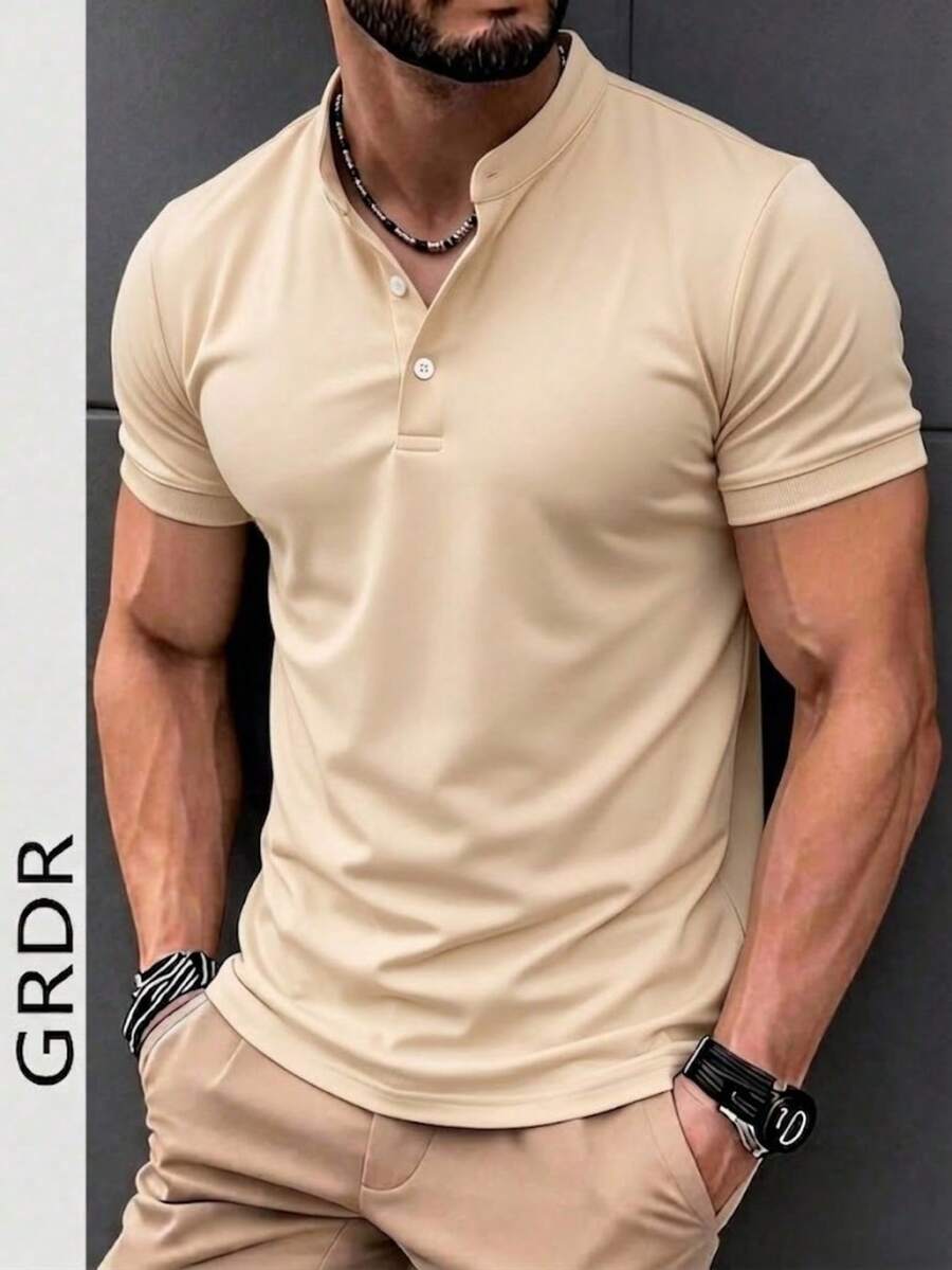 GRDR Men's Classic Solid Color Henley Neck Short Sleeve Shirt, Casual Essential Item, Summer Wardrobe Must-Have - Apricot - View 1