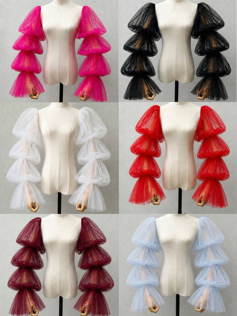 1pc White Mesh Puff Sleeve, 2pcs Elastic 4-Layer Dark Bride Sleeve Cuffs - Multicolor - View 1