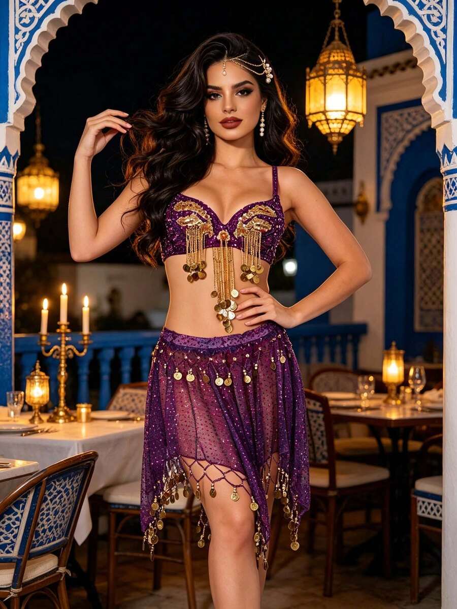 Bohemian Coin Halter Top & Sequin Mesh Skirt, Handcrafted Festival Wear For Fusion, Exotic Events, Moroccan-Themed Parties And Renaissance Faires (Multiple Colors Available)