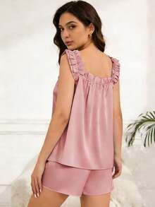 Lotus Pink Ruffled Lace/Ruffled Lace Sleeveless Women's Pajamas. Homepage > Women's Two-Piece Sets > Satin Comfortable And Playful Two-Piece Pajama Sets. - Dusty Pink - View 3