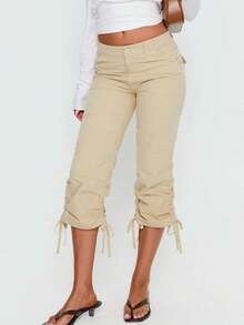 Women's Spring And Summer Capri Pants With Drawstring Cuffs, Solid Color, Fitted And Cropped - Khaki - View 2