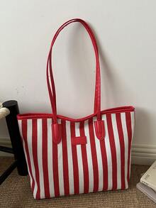 European And American Cross-Border Personalized Large Capacity Striped Minimalist Printed Tote Bag, New Women's Rhombus Commuter Shoulder Bag - Red - View 10