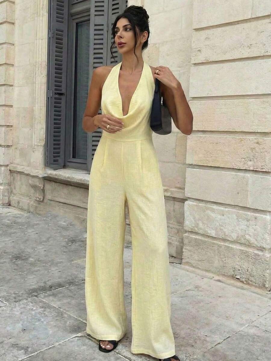 Pantalones anchos de pierna blanca con cintura ceñida, escote profundo en V y espalda descubierta, elegantes y modernos, apropiados para ir al trabajo, citas románticas, fiestas sexys, vacaciones en la playa, festivales, San Valentín, temporada de bodas - Amarillo claro - Ver 1