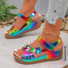 NIPAXO Sandalias de cuña con plataforma slip-on para mujer talla grande, cómodas y sin fatiga, brillantes, elegantes, de moda, dulces, ligeras, nuevo estilo, para fiesta, uso diario, boda, playa, viaje, ocio y entretenimiento, decoración floral de moda, cierre ajustable de gancho y bucle - Multicolor - Ver 4