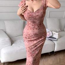 Vestido ajustado con estampado floral casual para mujeres, vestidos casuales para cumpleaños, ropa de mujer, vestidos de verano para el trabajo, vestido de graduación, vestidos elegantes para mujeres - Púrpura malva - Ver 5