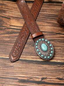 1 pièce Ceinture de cowboy western pour hommes, ceinture large à tête de taureau, ceinture à boucle à motif de tête de taureau, ceinture d'extérieur, ceinture de style bohème, ceinture cadeau - Tabac - Voir 4