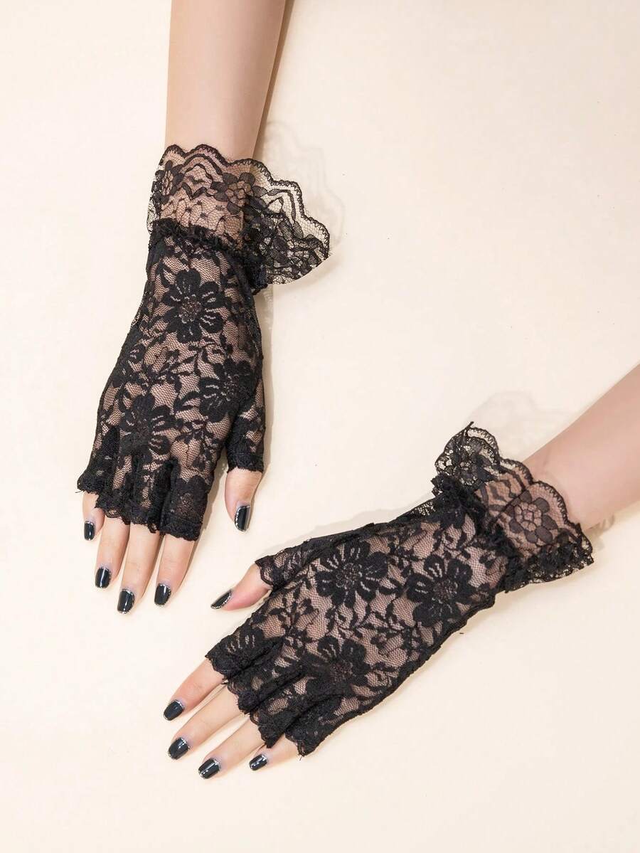 1 Pair Elegant Lace Fingerless Gloves, Suitable For Halloween And Valentine's Day