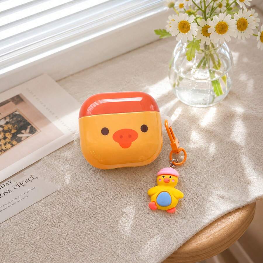 韓系簡約小黃鴨吊飾雙層IMD耳機保護殼套組,適用於Apple AirPodsPro3/AirPodsPro2/AirPodsPro/AirPods4/AirPods3/AirPods2,時尚女款簡約Apple耳機保護套 - 橘色 - 查看 1