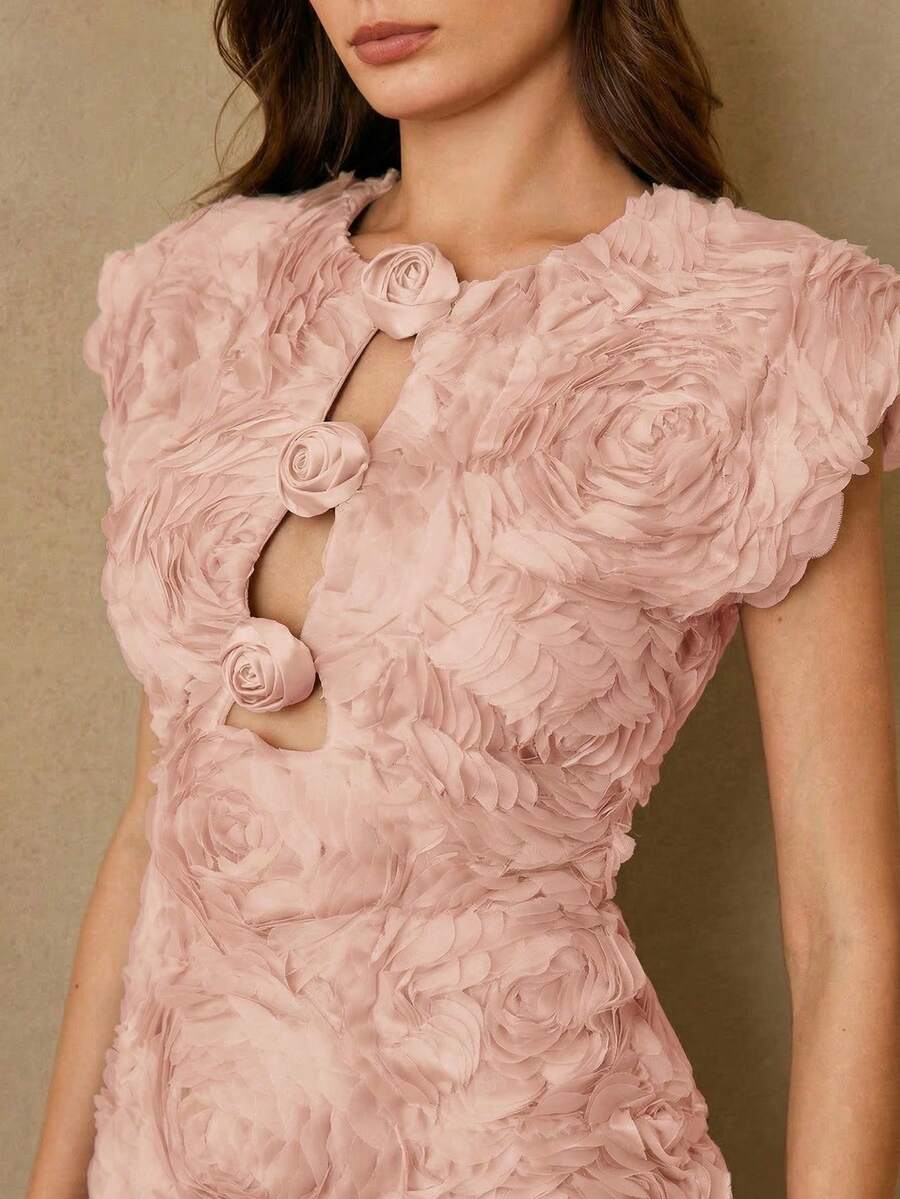 Nuevo vestido de gasa con volantes bordados y cuentas, cintura ajustada y falda con volantes escalonados - Rosa Pálido - Ver 1