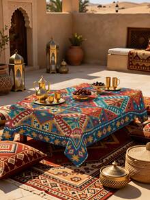 1/2pcs Tablecloth, Geometric Pattern Tablecloth, Polyester Material, Suitable For Kitchen, Dining Room, Coffee Table, Dining Table, Round Or Square Optional, Ideal For Picnic, Camping, Country Farmhouse Decor, Colorful Diamond Pattern Star Design, Perfect For Table Protection And Holiday Decoration - Multicolor - View 4