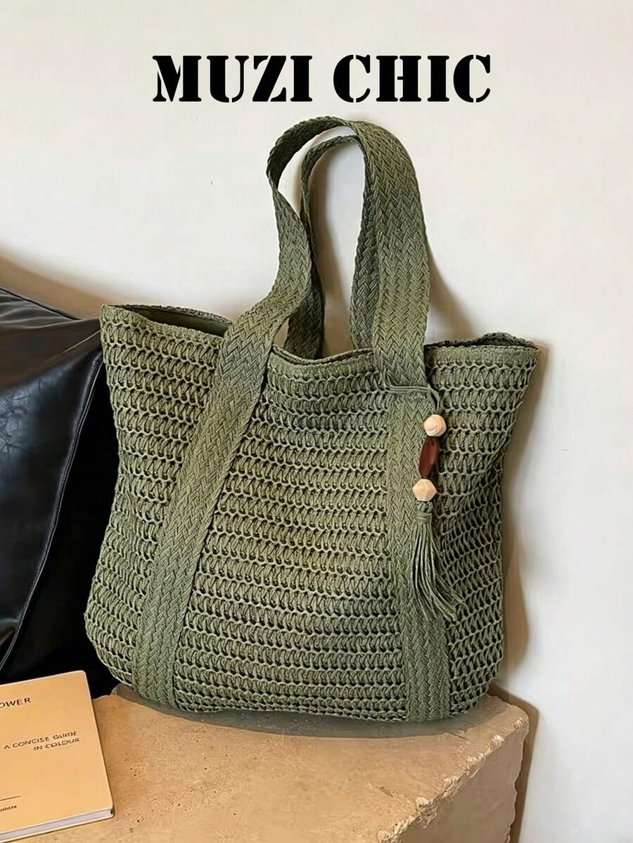 Bolso de mano de ganchillo estilo bohemio, silueta de gran capacidad con elementos naturales, primera opción de los fashionistas, ligero y llamativo, añade un toque casual tropical a cualquier atuendo - Verde - Ver 1