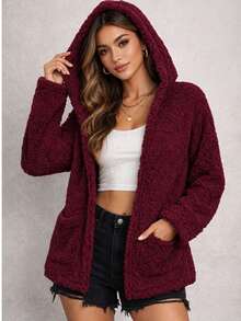Women's Teddy Animal Print Hooded Jacket – Leopard Style With Fur Pockets - Everyday Wear - 酒紅色 - 查看 6