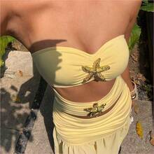 Vestido largo de vacaciones elegante con cintura ceñida, decoración de estrella de mar y abertura alta en color amarillo claro - Amarillo claro - Ver 6