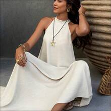 . . Vestido estilo bohemio vintage con espalda descubierta y corte evasé, de elegante color albaricoque, adecuado para el Día de San Valentín, la playa y las vacaciones de verano - Mostaza Amarilla - Ver 3