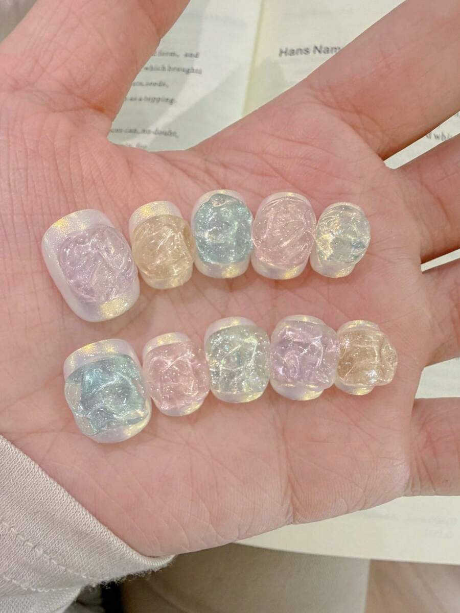 10入馬卡龍色3D玫瑰穿戴式假指甲，奢華短方型幻彩亮片美甲片，手工可愛全息假指甲尖，可重複使用甜美果凍美甲，適合女性日常與派對穿搭 - 彩色 - 查看 1