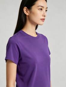 Loose V Neck Red Women's Tee Curved American Text Floating Star Strip Flag Print, Silky Smooth Top For Patriotic Anniversary Holiday Wear - 紫色 - 查看 2