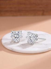 S925 Sterling Silver Heart-Shaped 6-Prong Zirconia Jewelry Set, Exquisite Necklace And Earrings Combination, Valentine's Day Gift, Light Luxury Delicate French Elegant Hypoallergenic Party Gift Daily Wear - White Gold - View 3